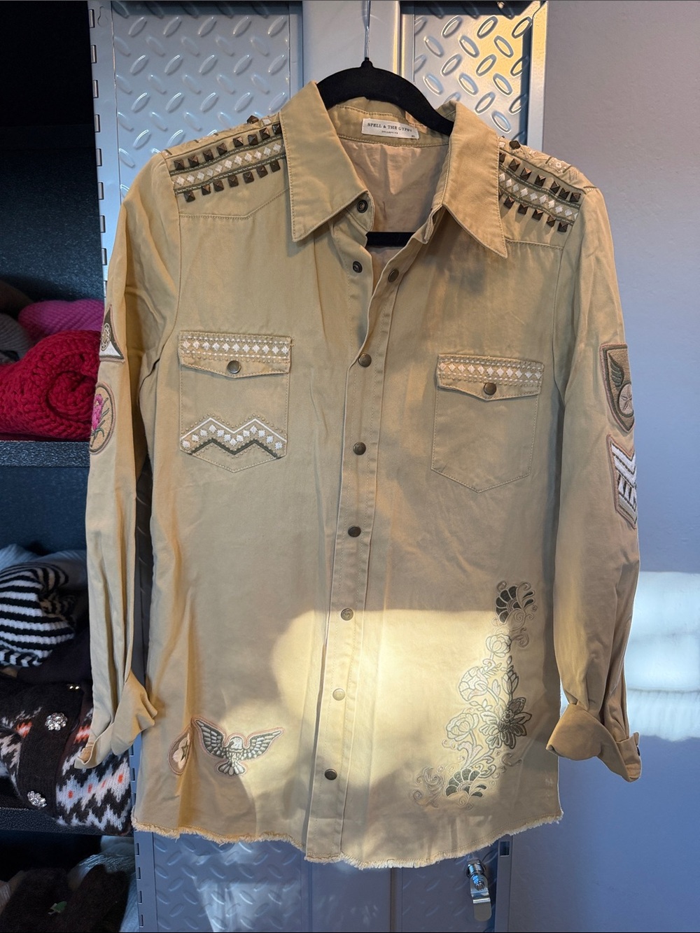 Spell Beige Embroidered Button-Up Shirt Jacket